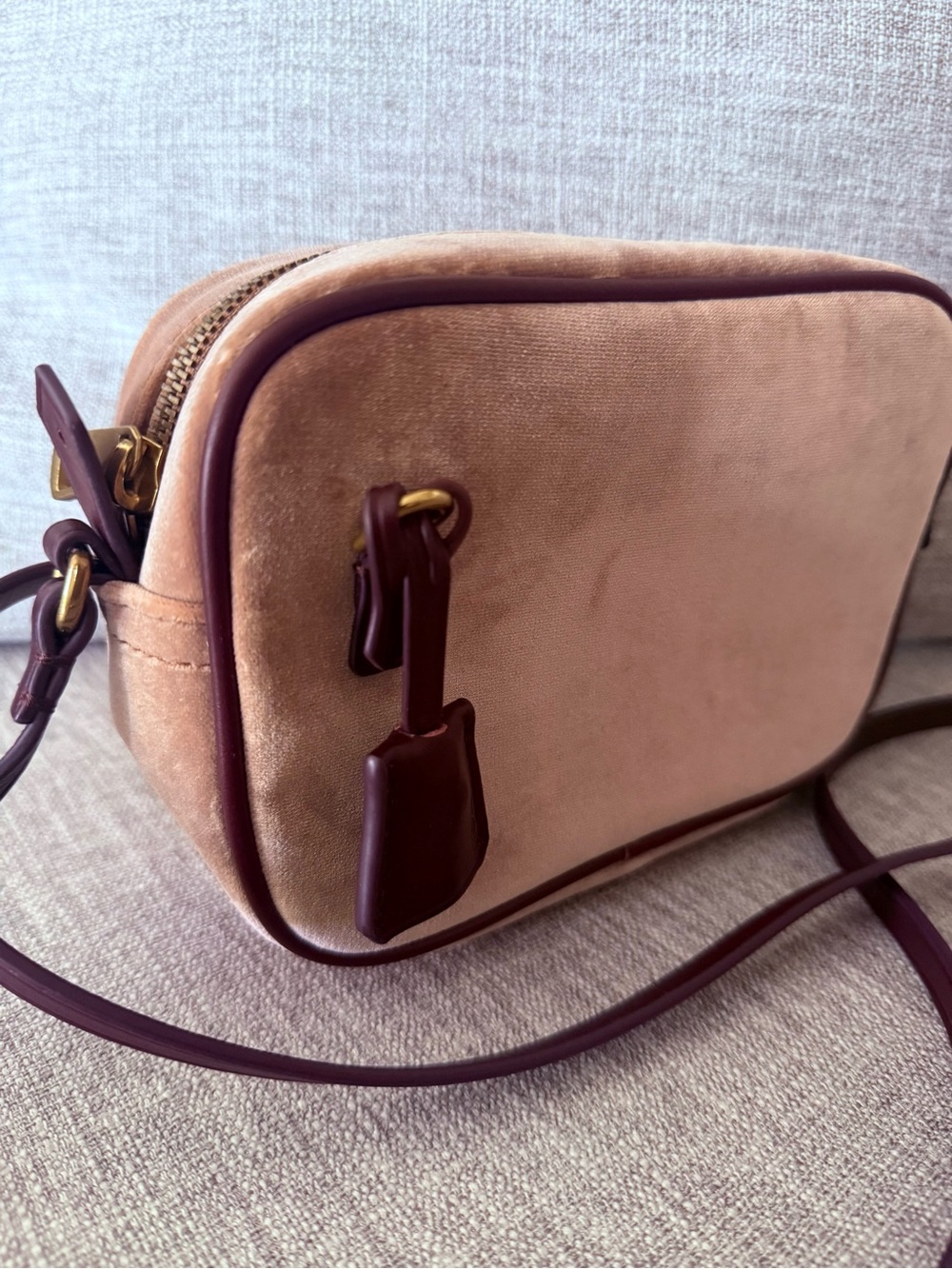 Jcrew Blush Purple Velvet Crossbody Bag with Dark Purple Trim.